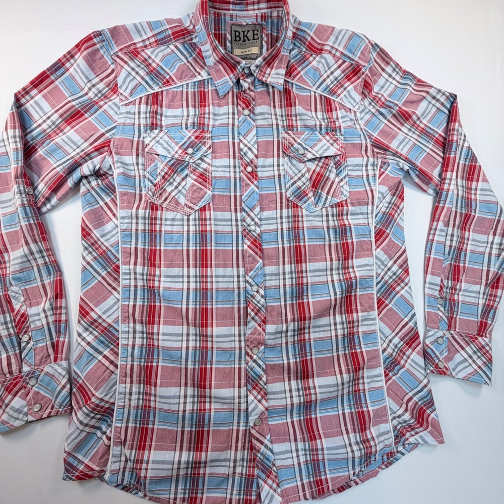 BKE Mens XL Slim Fit Western Pearl Snap Shirt Red Blue Plaid Cowboy Long Sleeve